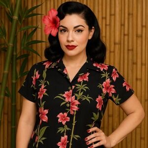 Shannon Marie XL Hawaiian Aloha Shirt‎ Black Floral Tiki Luau Button Up Top